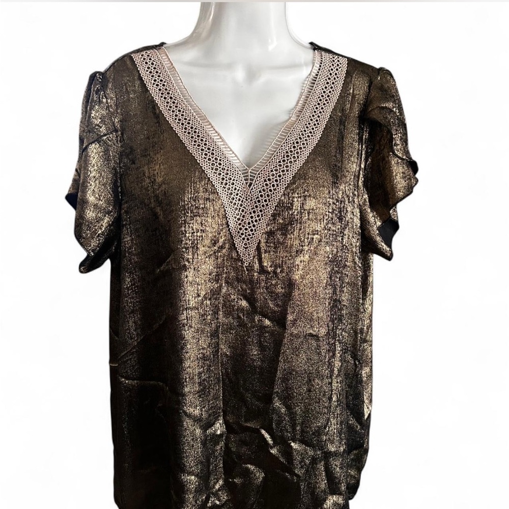 SHEIN Metallic Gold Blouse with Lace Trim
